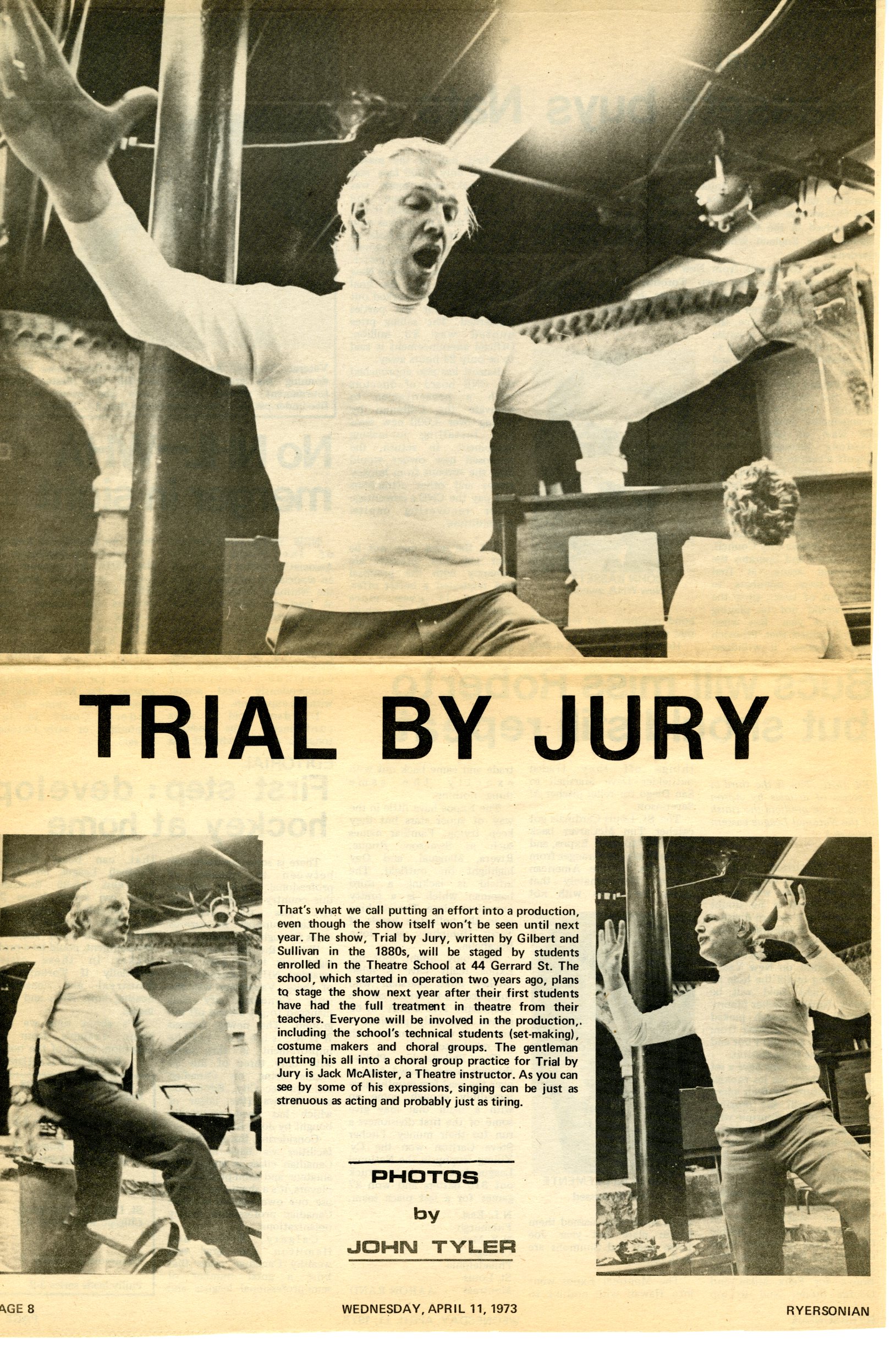 An old newspaper clipping with the title "Trial by Jury". Images show a man in a white turtle neck acting eccentrically 